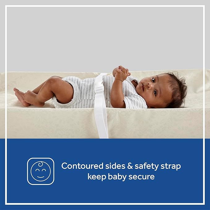 Sealy Baby Antibacterial Waterproof 2 Sided Contoured Diaper Changing Pad for Dresser or Table, Durable Easy to Clean Surface, Supportive Soybean Enhanced Foam, Made in USA, White, 32x16"