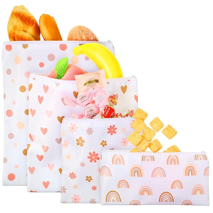 Paterr 4 Pcs Sandwich Bag Reusable Zipper Snack Bags Washable Food Safe Lunch Bags for Kids Students Adults Food (Rainbow)