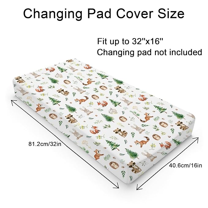Watercolor Animals Baby Changing Pad Covers for Boy Girl 32''x16'' Raccoon Hedgehog Squirrel Fox Bunny Bird Forest Fitted Diaper Change Table Sheets Soft Breathable Baby Changing Table Mat