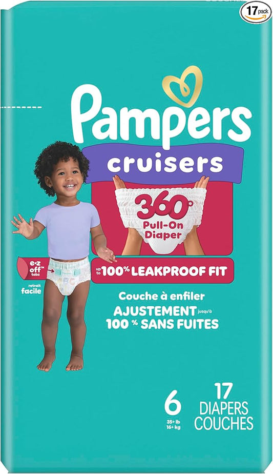 Pampers Diapers - Cruisers 360 - Size 6, 17 Count, Babyproof up to 100% Leakproof Pull-On Diaper (Packaging May Vary)