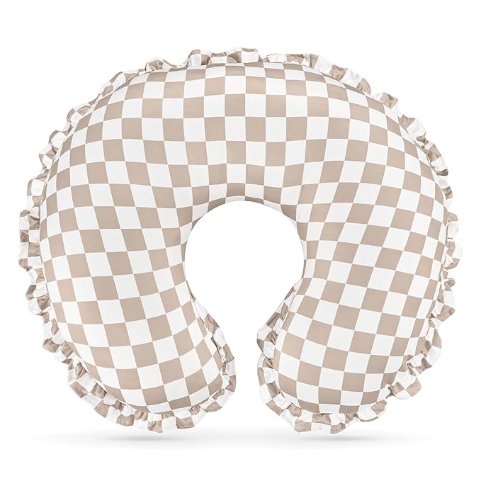 DILIMI Nursing Pillow Cover, Removable Ruffled Pillowcase for Breastfeeding Pillows, Ultra Soft Comfortable Slipcover for Baby Girl and Boy, Coffee Gingham