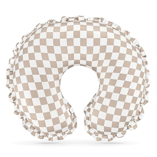 DILIMI Nursing Pillow Cover, Removable Ruffled Pillowcase for Breastfeeding Pillows, Ultra Soft Comfortable Slipcover for Baby Girl and Boy, Coffee Gingham