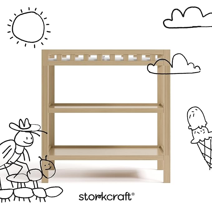 Storkcraft Morningside Changing Table (Driftwood) – GREENGUARD Gold Certified Baby Changing Table, Includes Waterproof Diaper Changing Pad, Easy 30-Minute Assembly, 2 Open Shelves for Storage