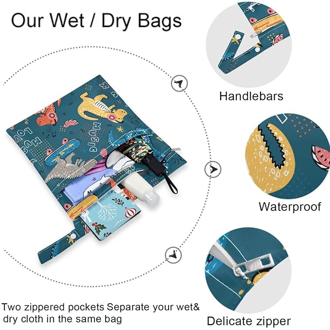 visesunny Music Lover Dinosaur 2Pcs Diaper Changing Totes Wet Bags with Zippered Pockets Washable Reusable Roomy Cloth Diaper for Travel,Beach,Daycare,Stroller,Dirty Gym Clothes,Wet Swimsuits,Toiletri