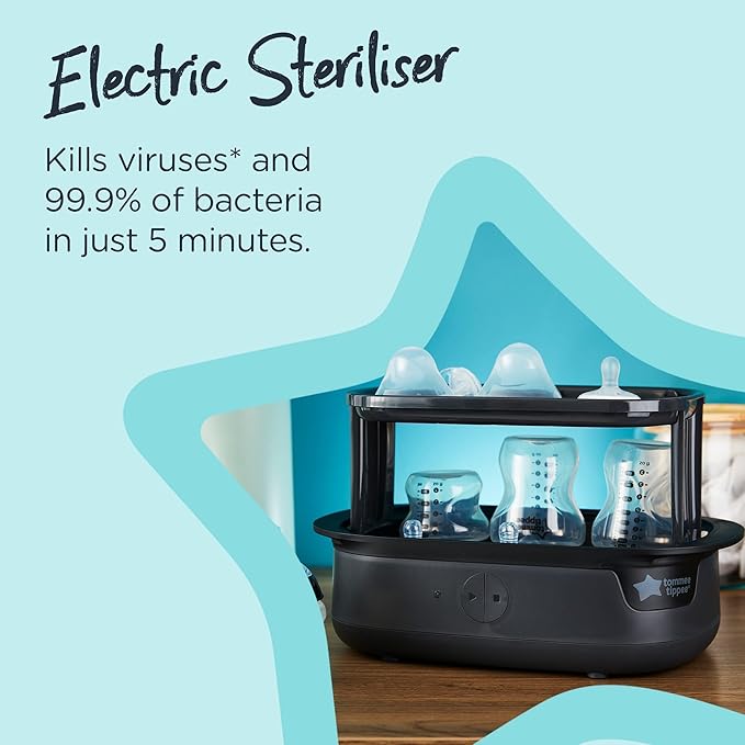 Tomee Steriliser, Warmer and 8x Bottles Complete Feeding Set, Black