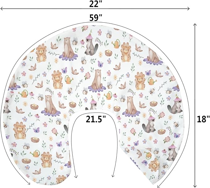 Spring Animals Baby Nursing Pillow Covers for Boy Girl Bear Tiger Bird Bees Floral Nursery Pillowcase for Breastfeeding Pillows Cute Floral Animals Soft Stretchy Slipcovers for Newborn Infant