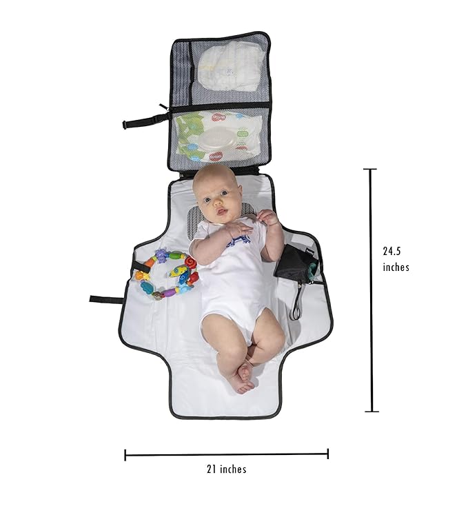 Diaper Changing Pad, Cushioned Mat with Built-in Pillow, Black with Pockets, Waterproof Travel Mat, Bonus Pacifier Pouch