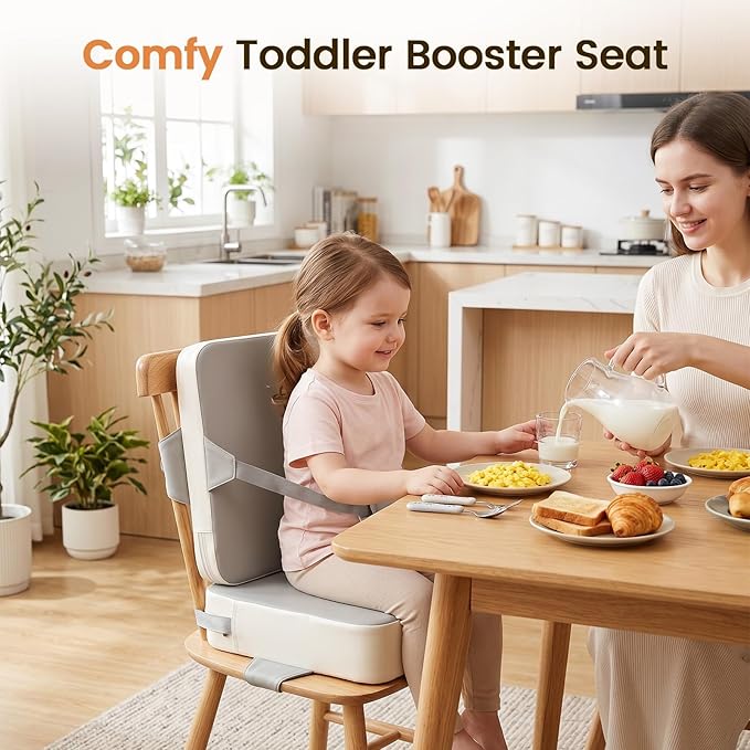 Booster Seat for Kitchen Chair, Toddler Booster Seat for Dining Table with Backrest and Adjustable Straps, Non-Slip High Back Booster Seat, Portable Travel Baby Booster Increasing Cushion, Gray White