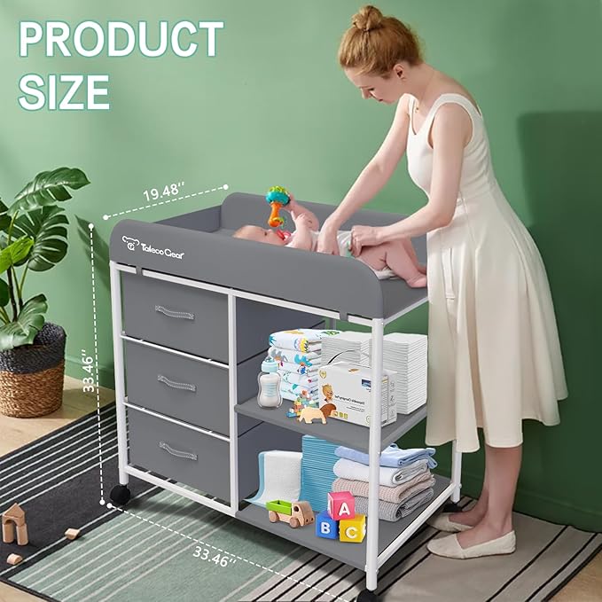 TALECO Gear Portable Changing Table with Storage, Diaper Changing Station, Waterproof Pad, 3 Storage Baskets, Mobile Nursery Organizer for Newborn Essentials