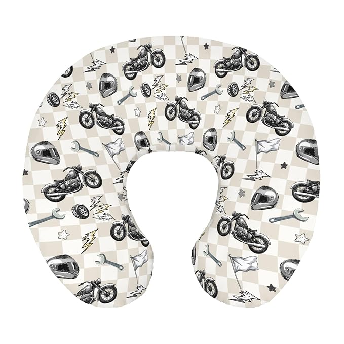 Cute Motorcycle Flag Plaid Nursing Pillow Cover Stretchy and Soft for Baby Girls Boys Motor Bikes Stars Breastfeeding Pillow Slipcovers for Race Vehicles Standard Nursing Pillows for Newborn