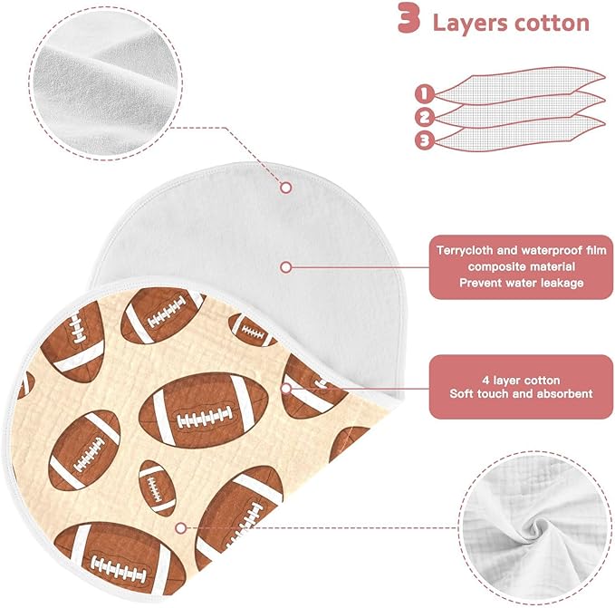 1 Pack Muslin Burp Cloths Sports Football Khaki Print Cotton Baby Burp Cloths Absorbent Soft Burping Cloth Washcloths for Newborn Babies 22x11 Inch