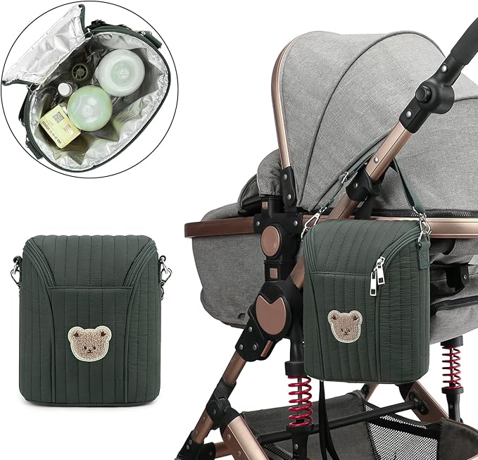 Lmbabter Embroidered Bear Stroller Organizer Tote Bag, Bottle Insulation Pouch, Portable Cooler Storage Essential for Milk/Breast Pump,Baby Travel Supplies (Green)
