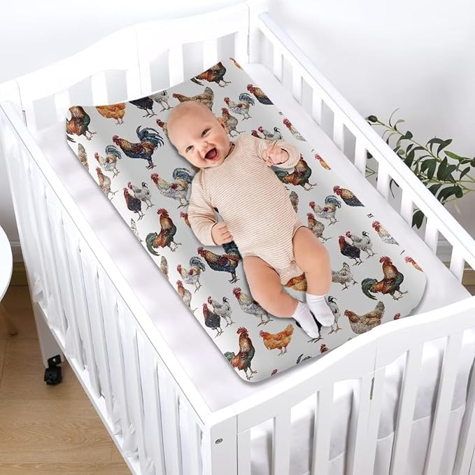 Changing Pad Covers for Boys Girls, Chickens Print Diaper Changing Table Pad Cover Soft Breathable Changing Mat Cover for 32''x16" Cute Birthday Gifts for Baby