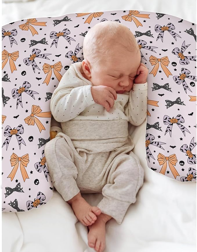 Halloween Bows Baby Nursing Pillow Covers for Boy Girl Spooky Bows Bats Pumpkins Skulls Nursing Slipcovers for Breastfeeding Pillows Orange Purple Ribbons Soft Stretchy Removable Covers for Infant