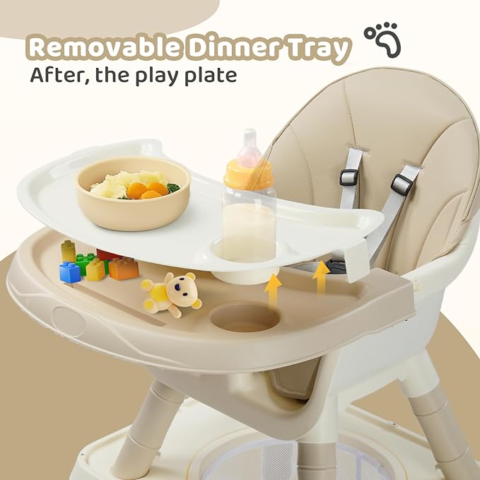 JOYMOR 7 in 1 High Chair for Babies and Toddlers, Convertible Kids Learning Table and Chair with Large Baske for Storage (Beige)