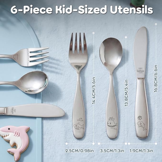 Lehoo Castle Toddler Silverware 6-Piece | Stainless Steel Toddler Utensils, Kids Silverware Children Safe Flatware for Self Feeding (Ocean Park)