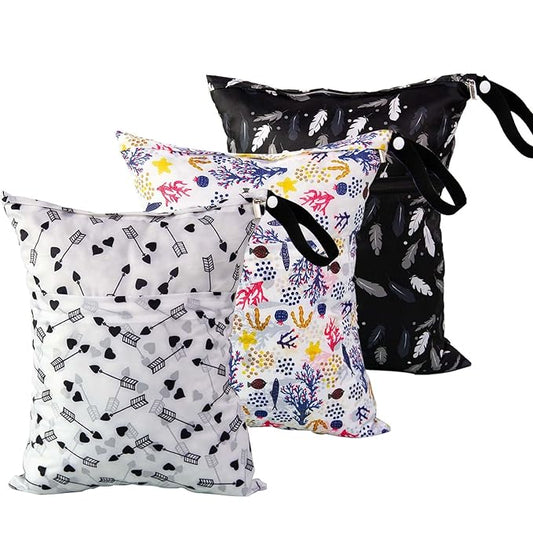 EZ Moms 3 Pcs Waterproof Wet Bag with Two Pockets Reusable Wet Dry Bag Baby for Cloth Diapers, Travel Dirty Clothes, Breast Pump Parts, Swimsuit, Beach, Pool Wetbag Zipper Pouches for Organization