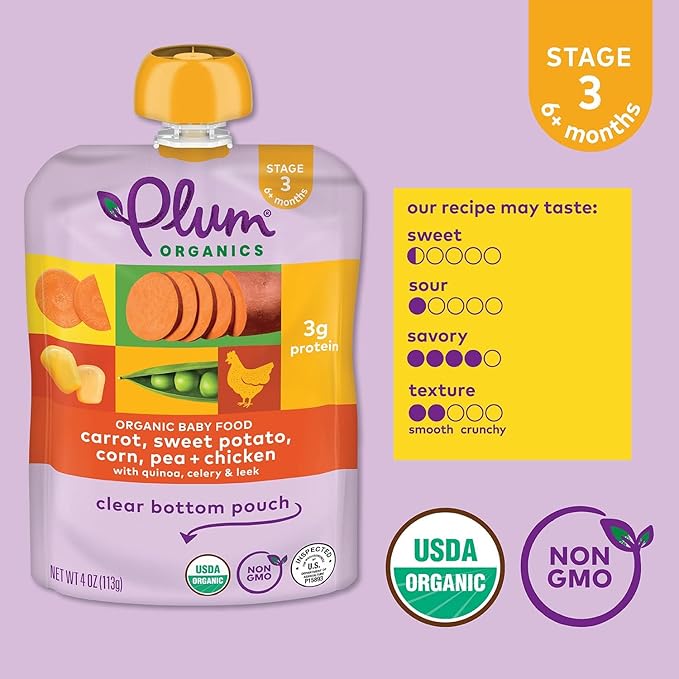 Plum Organics Stage 3 Organic Baby Food - Carrot, Sweet Potato, Corn, Pea, and Chicken - 4 oz Pouch - Organic Baby Food Pouch