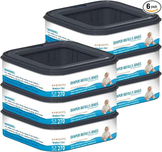6 Packs-Standard Square Refills Disposal Bags Refill Compatible with Diaper Genie Classic, Compact and Select Pails, Hold Up to 270 Newborn-Sized Diapers Per Refill