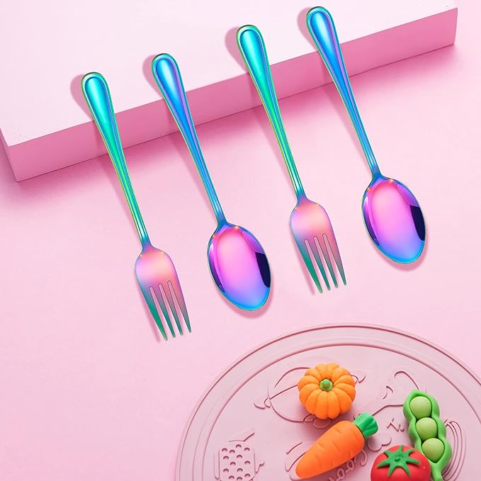 LIANYU 6-Piece Kids Forks and Spoons Silverware Set, Rainbow Children Toddler Utensils Set, Stainless Steel Child Flatware Cutlery for Home Preschools, Dishwasher Safe