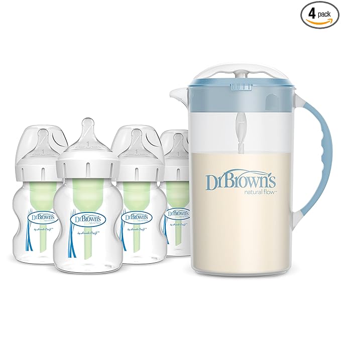 Dr. Brown's Baby Formula Mixing Pitcher 32oz, Blue with Anti-Colic Options+ Wide-Neck Baby Bottles, 4 Pack, 5 oz