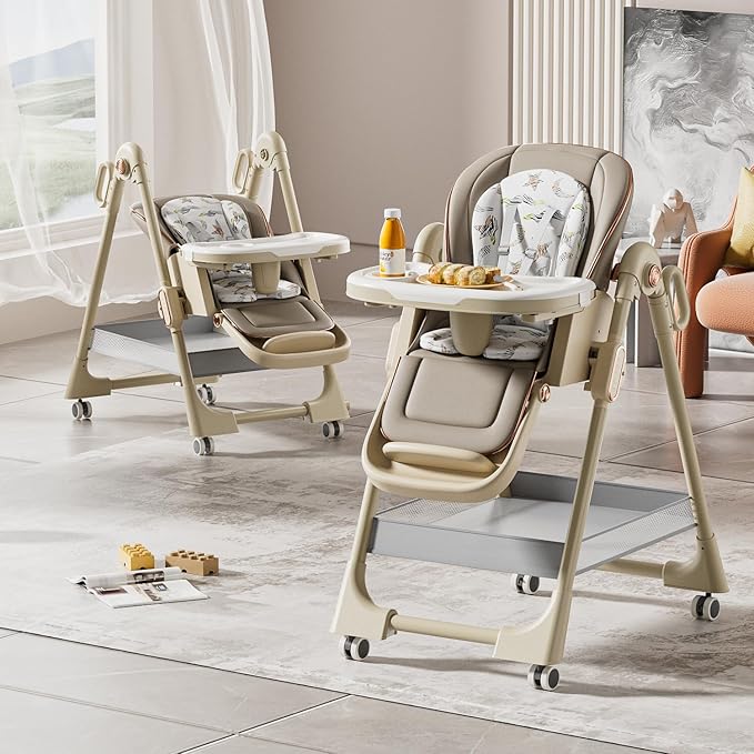 Nine point nine PU Leather Highchair, High Chairs for Babies and Toddlers, Adjustable Baby High Chair, Easy to Fold Baby Chair (X8122 Khaki)