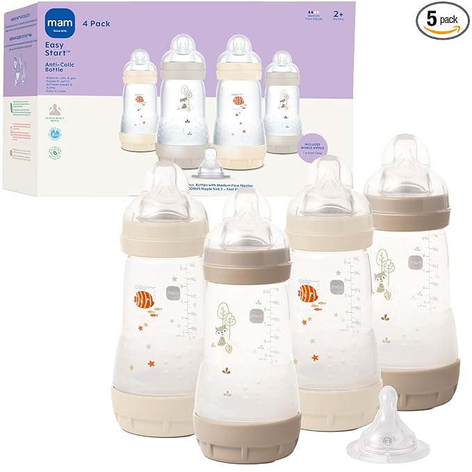 MAM 9oz Easy Start Anti-Colic Wide Neck Baby Bottle, Medium Flow Breastfeeding-Like Nipple, Reduces Colic Gas & Reflux, Easy to Clean, BPA Free, 2+ Months, Bonus Fast Flow Nipple, 4 Pack