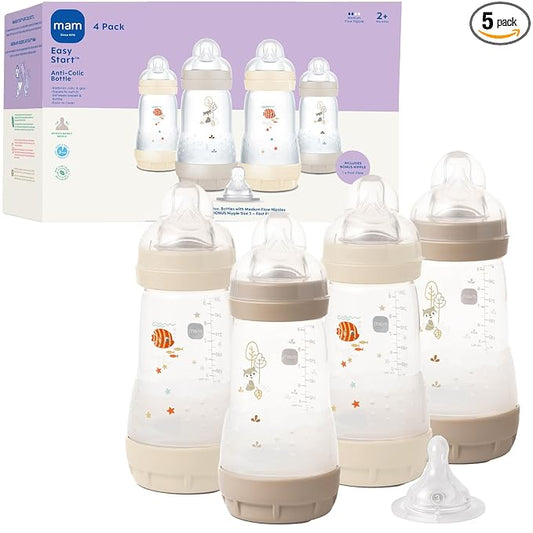 MAM 9oz Easy Start Anti-Colic Wide Neck Baby Bottle, Medium Flow Breastfeeding-Like Nipple, Reduces Colic Gas & Reflux, Easy to Clean, BPA Free, 2+ Months, Bonus Fast Flow Nipple, 4 Pack