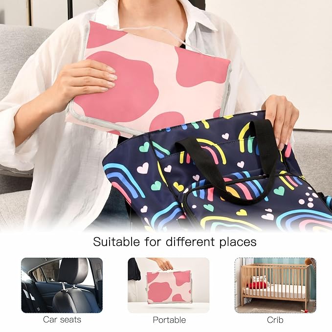 Portable Diaper Changing Pad Travel Baby Changing Mat Waterproof Diaper Changing Mat Foldable Lightweight Baby Changer with Built-in Pillow Cow Print Pink