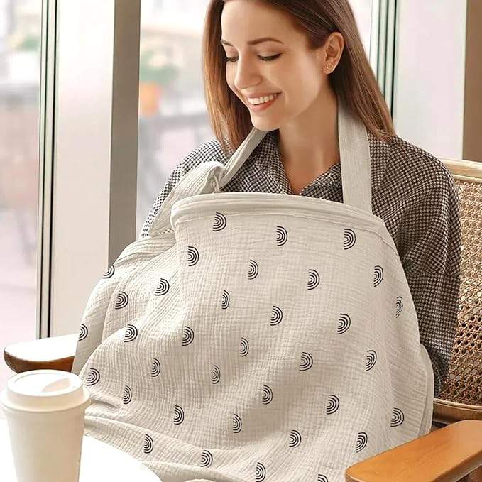 Cinaci 2 Pack Pure Cotton Muslin Lightweight Breathable Breastfeeding Nursing Cover Blankets with Adjustable Metal Clasp (Rainbow Khaki+Khaki)