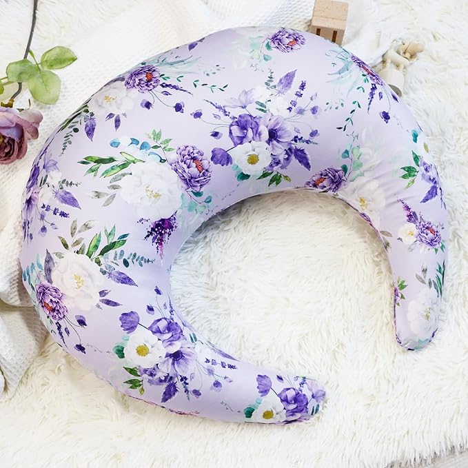 Floral Nursing Pillow Cover, Soft Breastfeeding Pillow Cover Purple, Removable Nursing Covers for Breastfeeding Pillows, Comfortable Slipcover for Baby Girl (Only Case)