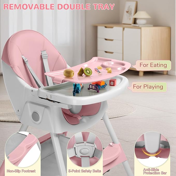 Ktaxon Baby High Chair, 6-in-1 Portable Feeding Rocking Seat with Adjustable Backrest, Removable Tray and 5-Point Safety Harness, Travel Folding Highchair for Toddlers & Babies, Pink
