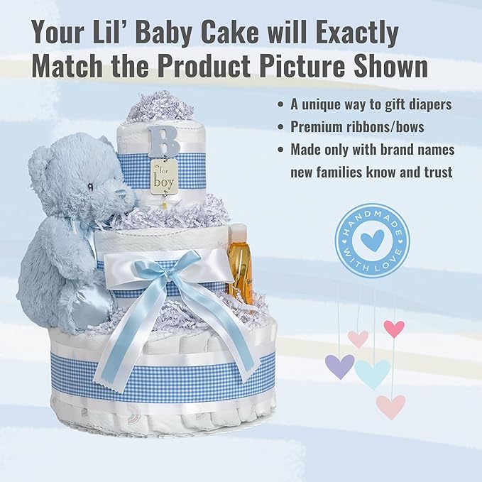 Lil' Baby Cakes Blue Boy Diaper Cake - Makes a Beautiful Boy Baby Gift - Adorable and Practical - Handmade with 42 Swaddler 1 Diapers - Size 10 in x 12 in