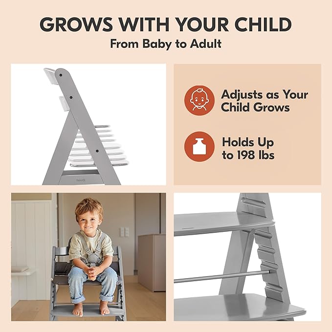 hauck Adjustable Wooden High Chair for Babies and Toddlers - Includes Baby Insert, Tray & Safety Harness - Grows with Child up to 198 lbs - Gray