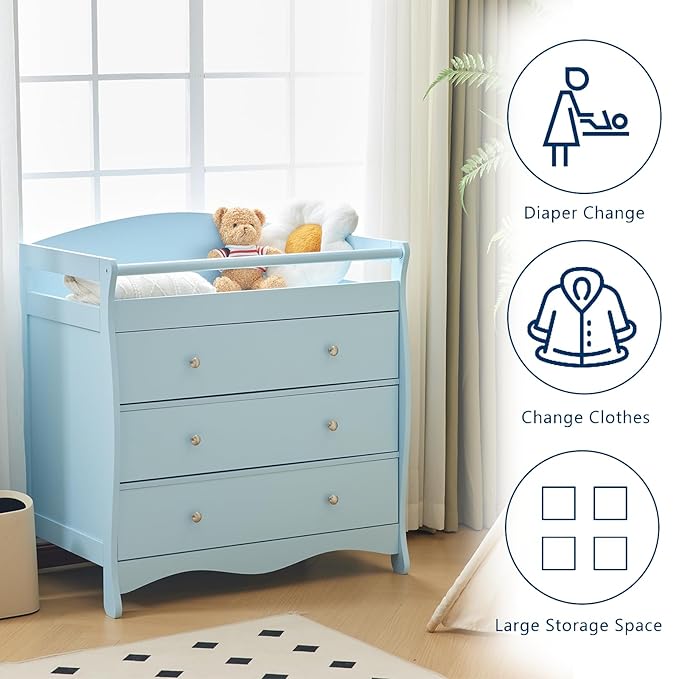 Karl home Changing Table Dresser Baby Diaper Changing Station Infant Nursing Table with 3 Drawers, Safety Rail & Strap for Bedroom, Nursery, Blue