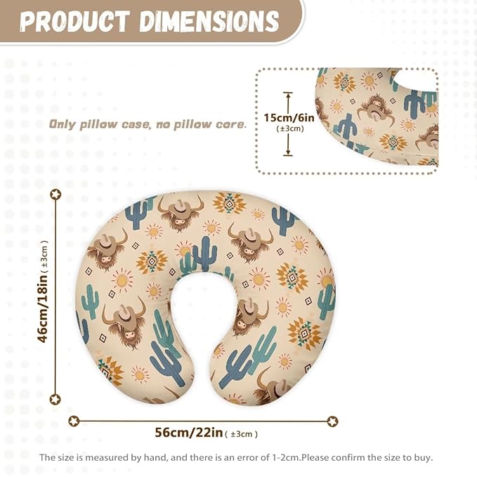 Jeiento Western Highland Cow Nursing Pillowcase Cover Soft Comfortable Breastfeeding Pillow Case for Newborn Zipper U-Shape Slipcovers for Baby Boys Girls