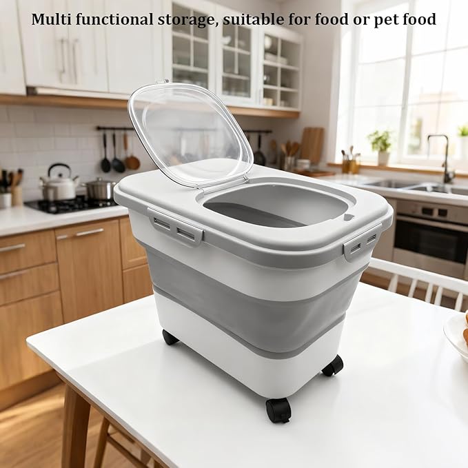20-30 Lbs Rice and Pet Food Storage Container - Collapsible Airtight Food Storage with Rolling Wheel & Locking Lid, Flour Container with Cup & Scoop for Rice, Flour, Pet Food (Grey)