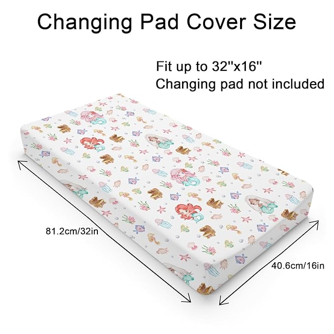 Watercolor Mermaids Changing Pad Covers Ocean Animals Fish Sea Horse Jellyfish Conch Coral Diaper Change Table Sheets for Boy Girl Soft Breathable Stretch Baby Change Table Pad Mats Covers 32''x16''