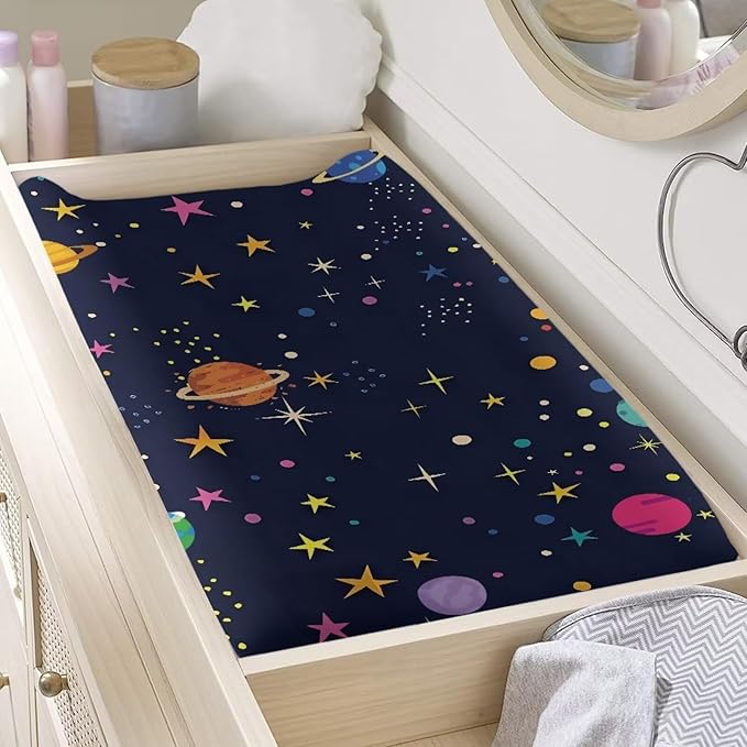Planets Stars Changing Pad Covers, Breathable Baby Diaper Change Table Covers, Ultra Soft Contoured Pad Covers for Newborn Baby Boy Girls