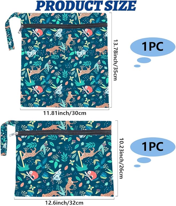 2Pcs 2 Sizes Animal Print Wet Dry Bag Beach Wet Bags Forest Pattern Polyester Waterproof Sandproof Reusable Storage Zipper Pouches for Friends Swimsuit Travel Dirty Diaper Clothes Gifts