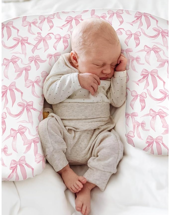 Pink Valentine's Bows Baby Nursing Pillow Covers for Girl Girly Bows Nursing Slipcovers for Breastfeeding Pillows Baby's First Valentine's Day Soft Stretchy Removable Covers for Newborn Infant