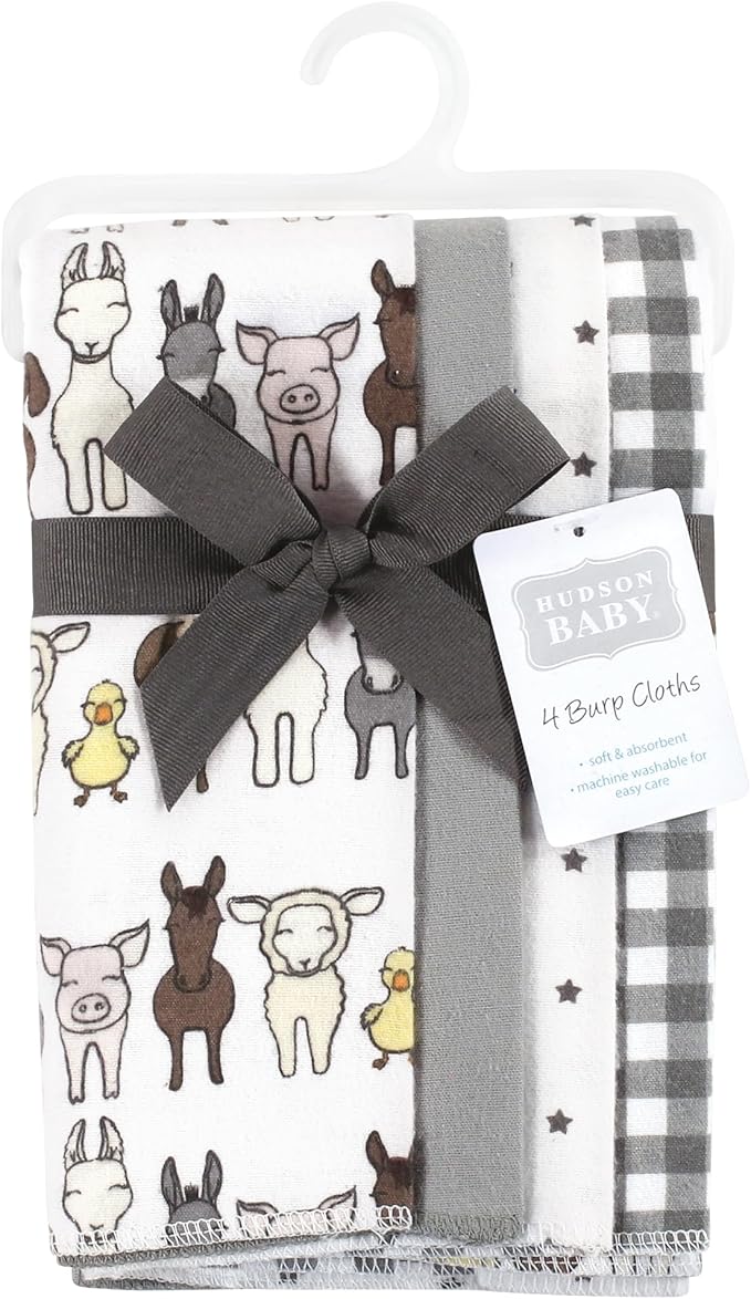 Hudson Baby Cotton Poly Flannel Burp Cloths Multipack, Farm Friends Grey 8-Pack, One Size