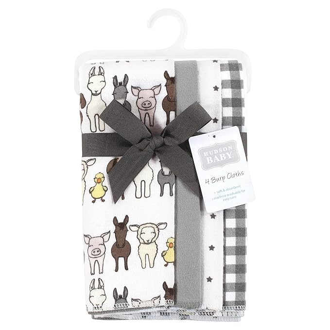 Hudson Baby Unisex Baby Cotton Flannel Burp Cloths 4-Pack, Farm Friends Grey, One Size