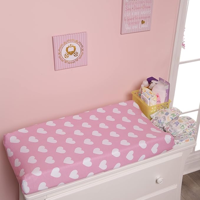 EVERYDAY KIDS 2 Pack Baby Changing Pad Covers for Baby Girl – Fits Most Changing Table Pads; 100% Cotton Jersey Knit, Breathable, Soft Changing Table Topper – Gray, White Dots and Pink. White Hearts