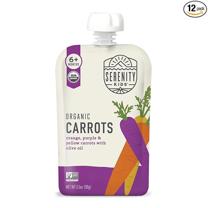 Serenity Kids 6+ Organic Carrot Veggie Puree Baby Food Pouches - No Added Sugar & Allergen-Free Baby Snacks - BPA-Free Veggie Pouches - On-The-Go Snack Pack - 3.5 Oz Pack of 12