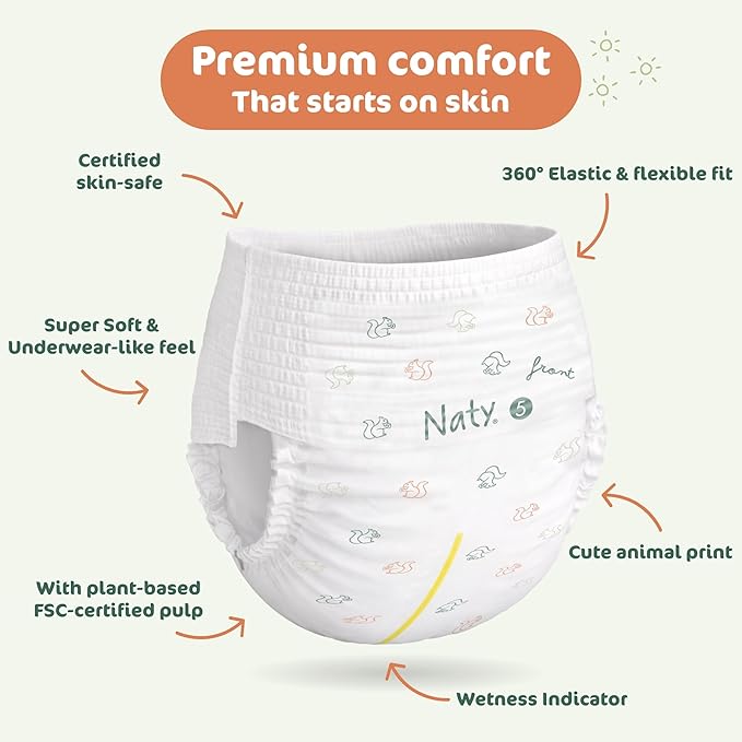 Naty FreeMovers Pull Up Training Pants for Sensitive Skin | Hypoallergenic Potty Training Underwear | Absorbent & Leak-Proof for Toddler | Soft, Unscented| Size 5, 3T–4T (26–40 lbs), 80 Count