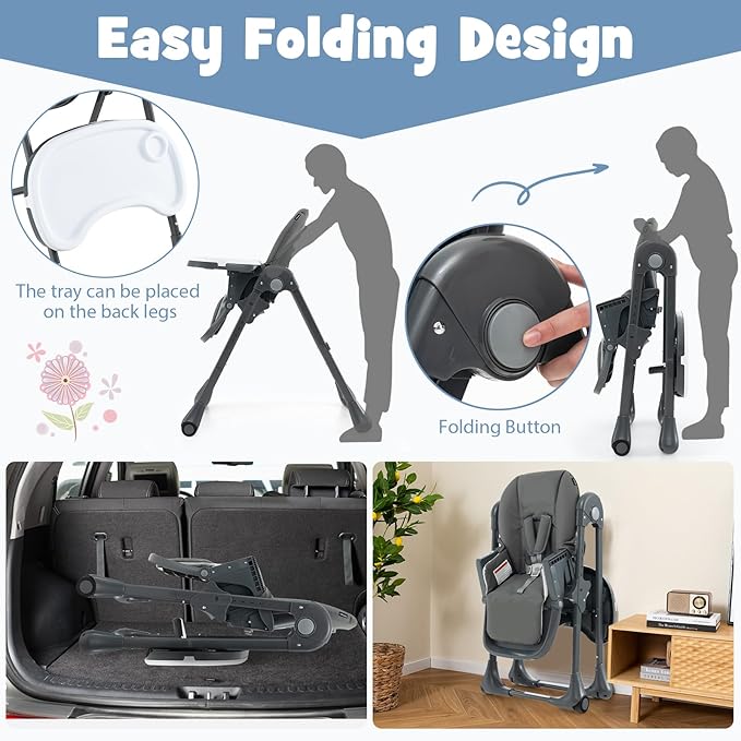 BABY JOY Convertible High Chair for Babies & Toddlers, Height Adjustable, Grow & Go High Chair w/Recline & Footrest, Removable Double Tray, Portable Baby Dinning Chair with Wheels (Dark Gray)