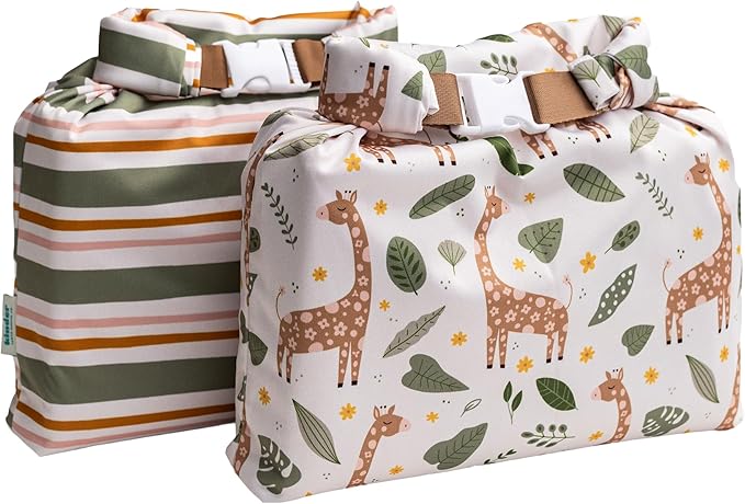 Kinder Set of 2 Water Resistant Wet Bags for Storing Laundry or Cloth Diapers Travel Size Wet Bag Daycare Beach Pool Wet Swimsuit Roll Top for Air Tight Odor Contained Washable Reusable (Giraffes)