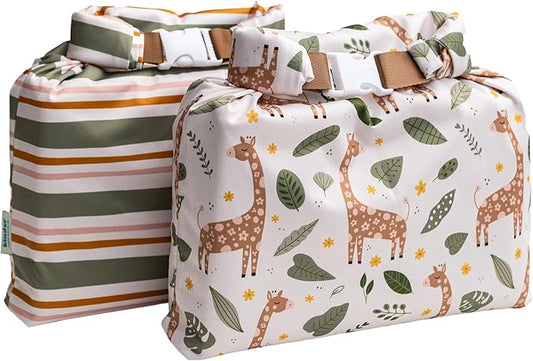 Kinder Set of 2 Water Resistant Wet Bags for Storing Laundry or Cloth Diapers Travel Size Wet Bag Daycare Beach Pool Wet Swimsuit Roll Top for Air Tight Odor Contained Washable Reusable (Giraffes)