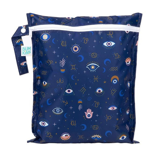 Bumkins Waterproof Wet Bag for Baby, Travel, Swim Suit, Cloth Diapers, Pump Parts, Pool, Beach, Gym Clothes, Toiletry, Hook to Stroller, Daycare, Zipper Reusable Wetdry Packing Pouch, Evil Eye